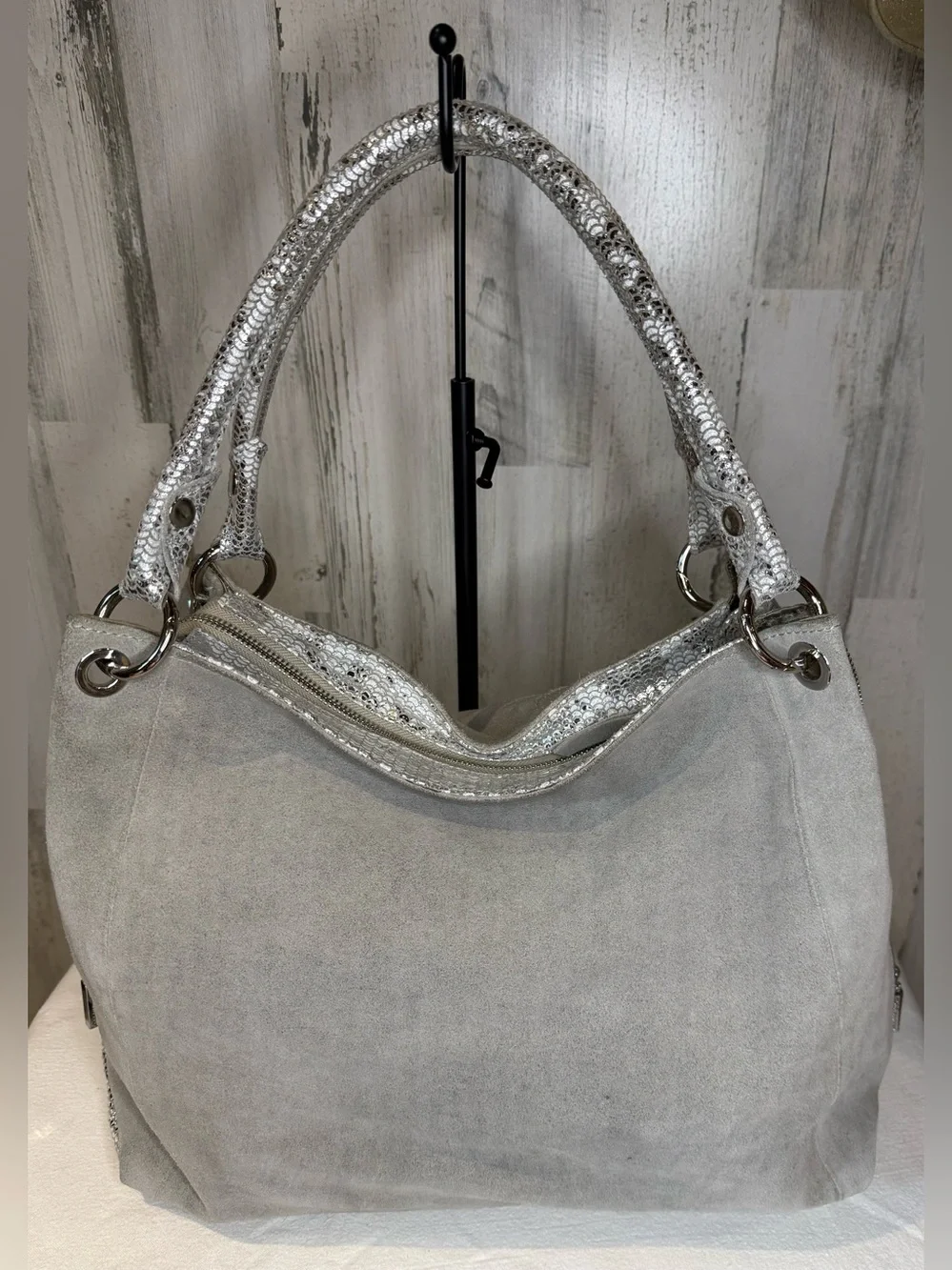 Celine Dion Gray Suede Shoulder Bag with Metallic Snake Trim Y2K
